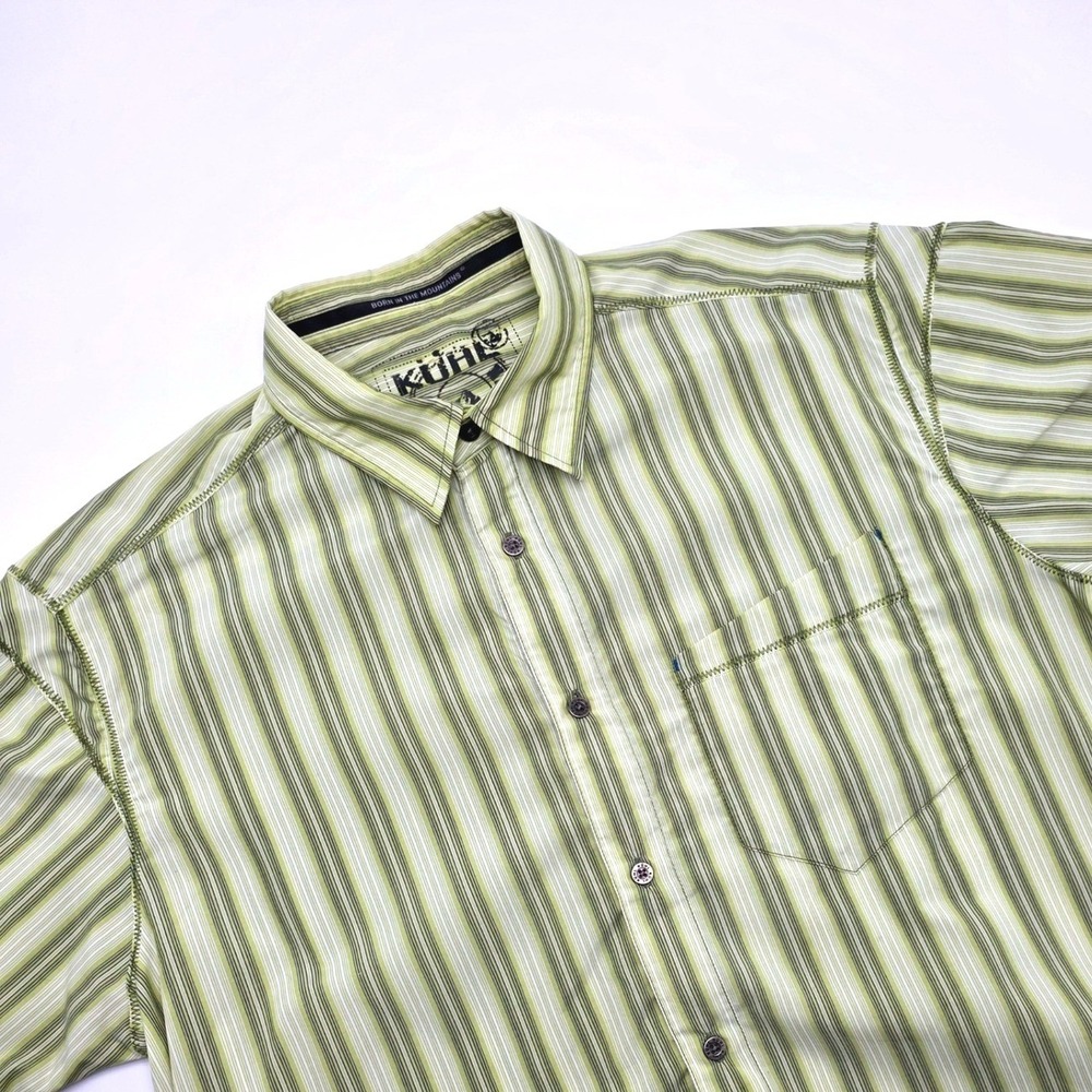 Kuhl Mens L Green Striped Short Sleeve Button Down Shirt Hiking Mountain Logo